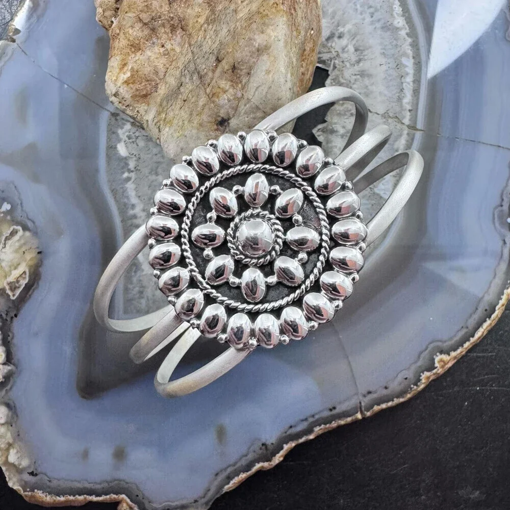 Sterling Silver Southwestern Style Flower Cluster Split Shank Bracelet For Women